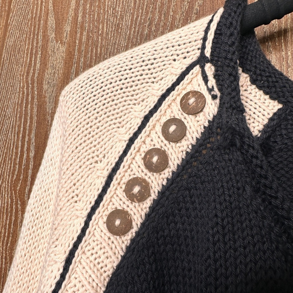 Pure Handknit Black Cream Cotton Colorblock Button Sweater L/XL NWT 4506-07 - Picture 7 of 9
